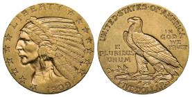 UNITED STATES OF AMERICA. 'Indian Head' 5 Dollars 1909-D (Gold, 21.45 mm, 8.34 g). Denver. Engraver: Bela Lyon Pratt. LIBERTY Indian head wearing a wa...