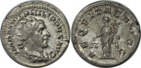 Römische Münzen, MÜNZEN DER RÖMISCHEN KAISERZEIT. ROM. PHILIPPUS I. ARABS. Antoninianus 246 n. Chr, Silber. 3.6 g. RIC 27b. Stempelglanz