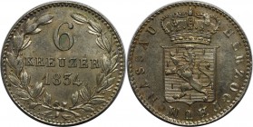 Altdeutsche Münzen und Medaillen, NASSAU. Wilhelm (1816-1839). 6 Kreuzer 1834. Billon. KM #53. AKS 47. Stempelglanz