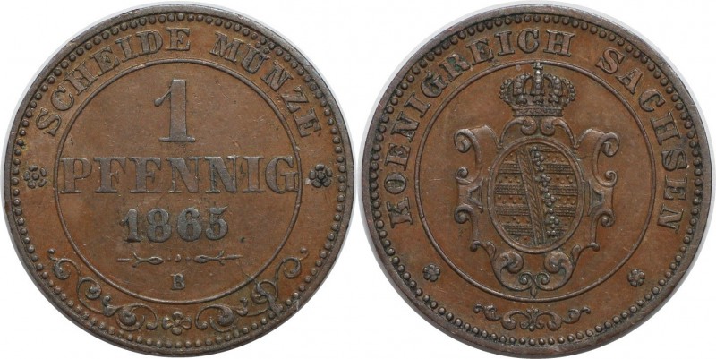 Altdeutsche Münzen und Medaillen, SACHSEN. Johann (1854-1873). Pfennig 1865 B, K...