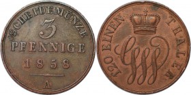 Altdeutsche Münzen und Medaillen, SCHAUMBURG - LIPPE. Georg Wilhelm (1807-1860). 3 Pfennig 1858 A, Kupfer. KM 41. Vorzüglich - Stempelglanz
