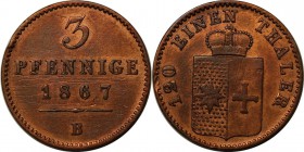 Altdeutsche Münzen und Medaillen, WALDECK. Georg Victor (1852-1893). 3 Pfennig 1867 B, Kupfer. AKS 49. Vorzüglich