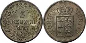 Altdeutsche Münzen und Medaillen, WÜRTTEMBERG. 3 Kreuzer 1855, Billon. KM #591. AKS 106. Fast Stempelglanz