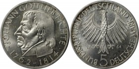 Deutsche Münzen und Medaillen ab 1945, BUNDESREPUBLIK DEUTSCHLAND. 150. Todestag Fichtes. 5 Mark 1964 J, Silber. Jaeger 393. Fast Stempelglanz. Kl.Kra...