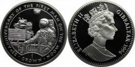 Europäische Münzen und Medaillen, Gibraltar. Erste Flagge auf Mond gepflanzt. 1 Crown 1994, Silber. 0.84 OZ. KM 276a. Polierte Platte