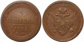 Russische Münzen und Medaillen, Alexander I. (1801-1825). 5 Kopeek 1804 EM, Gekrönter doppelköpfiger Reichsadler in Kreisen / Wert innerhalb von Kreis...