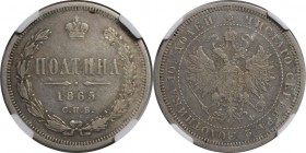 Russische Münzen und Medaillen, Alexander II (1854-1881). Poltina (1/2 Rubel) 1865 SPB NF, Silber. Bitkin 105(R), Petrov (3 Rubl). NGC VF-20