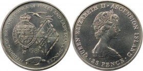 Weltmünzen und Medaillen, Ascension Insel / Ascension Island. Königliche Hochzeit - Charles & Diana. 25 Pence 1981, Kupfer-Nickel. KM 3. Stempelglanz...