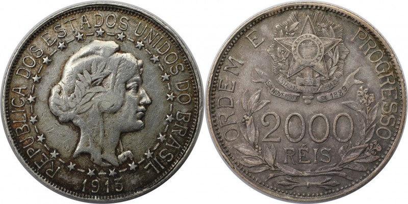 Weltmünzen und Medaillen, Brasilien / Brazil. 2000 Reis 1913, Silber. 0.58 OZ. K...