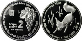 Weltmünzen und Medaillen, Israel. Wildleben - Fuchs und Weintrauben. 2 New Sheqalim 1995, Silber. 0.93 OZ. KM 276. Polierte Platte