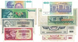 Banknoten, Jugoslawien / Yugoslavia, Lots und Sammlungen. 100 Dinara 1978. P.90. II, 1000 Dinara 1978. P.92a. II, 50 000 Dinara 1988. P.96. II, 500 00...