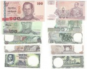 Banknoten, Thailand, Lots und Sammlungen. 1 Baht 1955-58 (P.74), 10 Baht (1980) p.87, 2 x 20 Baht (1981) P.88, (ND) P.109, 100 Baht ND (P.114), Lot vo...