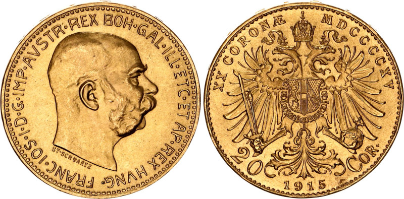 Austria 20 Corona 1915 MDCCCCXV

KM# 2818, N# 28374; Gold (.900) 6.77 g; Franz...