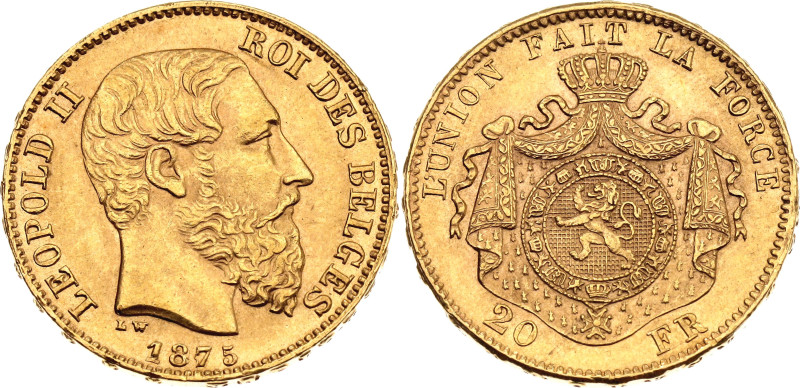 Belgium 20 Francs 1875

KM# 37, N# 7499; Gold (.900) 6.45 g.; Leopold II; Brus...