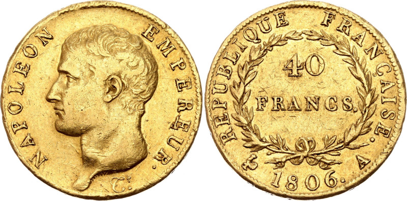 France 40 Francs 1806 A

KM# 675.1, N# 14695; Gold (.900) 12.83 g.; Napoleon I...