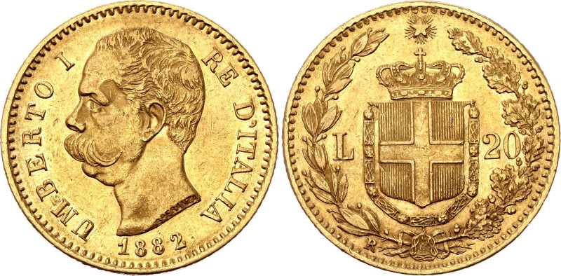 Italy 20 Lire 1882 R

KM# 21, N# 19764; Gold (.900) 6.45 g.; Umberto I; Rome M...