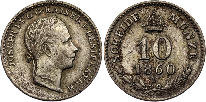 Austria 10 Kreuzer 1860 V

KM# 2204, N# 24933; Silver 2 g.; Franz Joseph I; Ve...