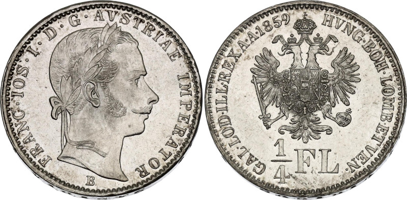 Austria 1/4 Florin 1859 B

KM# 2214, N# 13806; Silver 5.34 g.; Franz Joseph I;...