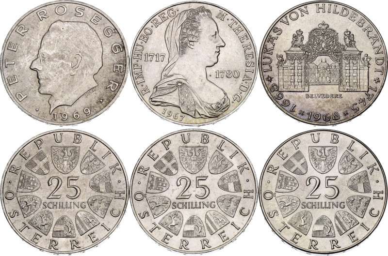 Austria 3 x 25 Schilling 1967 - 1969

KM# 2901, 2903, 2905; Silver Total 39 g....