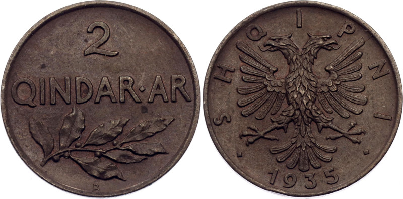 Albania 2 Qindar Ar 1935 R

KM# 15, N# 10472; Bronze; Zog I; Rome Mint; UNC