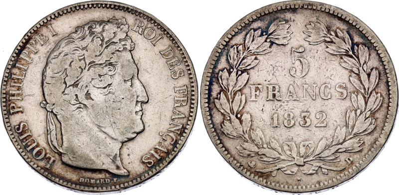 France 5 Francs 1832 D

KM# 749.4, N# 3653; Silver 25 g.; Louis Philippe I; Ly...