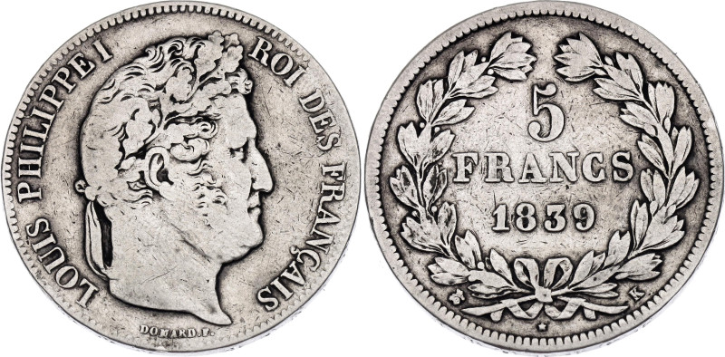 France 5 Francs 1839 K

KM# 749.7, N# 196469; Silver 25 g.; Louis Philippe I; ...