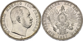 German States Prussia 1 Vereinsthaler 1867 A

KM# 494, N# 10258; Silver 18.52 g.; Wilhelm I; Berlin Mint; XF/AUNC with mint luster & minor hairlines