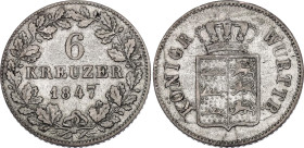 German States Wurttemberg 6 Kreuzer 1847

KM# 592, AKS# 100, N# 20382; Billon 2.59 g.; Wilhelm I; XF