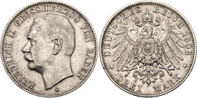 Germany - Empire Baden 3 Mark 1908 G

KM# 280, J# 39, N# 6716; Silver 16.66 g.; Friedrich III; Karlsruhe Mint; XF