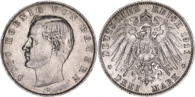 Germany - Empire Bavaria 3 Mark 1911 D

KM# 996, J# 47, AKS# 202, N# 7937; Silver 16.66 g.; Otto; Munich Mint; XF