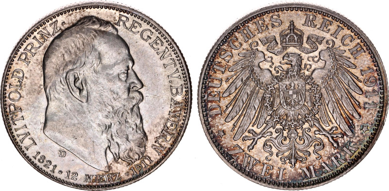 Germany - Empire Bavaria 2 Mark 1911 D

KM# 997, J. 48, N# 20687; Silver 11.11...