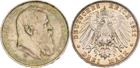 Germany - Empire Bavaria 3 Mark 1911 D

KM# 998, J# 49, N# 15935; Silver 16.66 g.; Otto; 90th Birthday of Prince Regent Luitpold; Munich Mint; AUNC ...