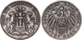 Germany - Empire Hamburg 5 Mark 1904 J

KM# 610, J# 65, AKS# 45, N# 20427; Silver 27.78 g.; XF