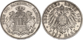 Germany - Empire Hamburg 5 Mark 1913 J

KM# 610, J# 65, AKS# 45, N# 20427; Silver 27.78 g.; AUNC