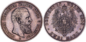 Germany - Empire Prussia 2 Mark 1888 A

KM# 510, N# 21786; Silver 11.11 g.; Friedrich III; Berlin Mint; AUNC with minor hairlines on obverse; With a...