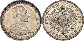 Germany - Empire Prussia 5 Mark 1914 A

KM# 536, J# 114, N# 4714; Silver 27.77 g.; Wilhelm II; Berlin Mint; AUNC/UNC with nice toning & minor hairli...