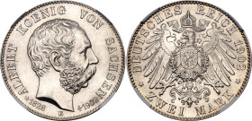 Germany - Empire Saxony-Albertine 2 Mark 1902 E NGC MS64

KM# 1255, J# 127, N# 27502; Silver 11.11 g.; Albrecht I; Death of King Albert; Muldenhütte...