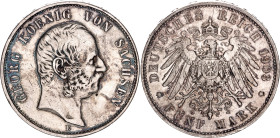 Germany - Empire Saxony-Albertine 5 Mark 1903 E

KM# 1258, J# 130, N# 23943; Silver 27.77 g.; George; Muldenhütten Mint; XF; Altered surface