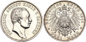 Germany - Empire Saxony-Albertine 3 Mark 1911 E

KM# 1267, J. 135, N# 18482; Silver 16.67 g.; Friedrich August III; Muldenhütten Mint; UNC with mint...