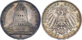 Germany - Empire Saxony-Albertine 3 Mark 1913 E

KM# 1275, N# 13478; Silver 16.67 g.; Friedrich August III; 100th Anniversary of the Battle of Leipz...