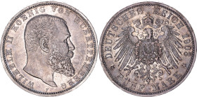 Germany - Empire Wurttemberg 5 Mark 1903 F

KM# 632, AKS# 143, J. 176, N# 15899; Silver 27.78 g.; Wilhelm II; Stuttgart Mint; XF