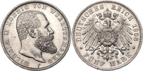 Germany - Empire Wurttemberg 5 Mark 1908 F

KM# 632, AKS# 143, J. 176, N# 15899; Silver 27.78 g.; Wilhelm II; Stuttgart Mint; UNC with minor hairlin...