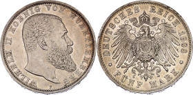 Germany - Empire Wurttemberg 5 Mark 1908 F

KM# 632, AKS# 143, J. 176, N# 15899; Silver 27.78 g.; Wilhelm II; Stuttgart Mint; XF+ with nice toning