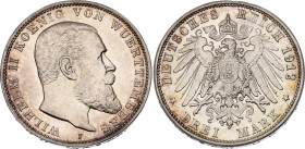 Germany - Empire Wurttemberg 3 Mark 1912 F

KM# 635, J. 175, N# 10840; Silver 16.67 g.; Wilhelm II; Stuttgart Mint; XF+ with nice toning