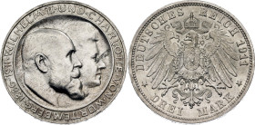 Germany - Empire Wurttemberg 3 Mark 1911 F

KM# 636, J. 177a, N# 17328; Silver 16.67 g.; Wilhelm II; Silver Wedding Anniversary; Stuttgart Mint; UNC...