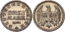 Germany - Weimar Republic 3 Mark 1924 A

KM# 43, AKS# 30, J. 312, N# 15886; Silver 15 g.; Berlin Mint; XF+ with nice toning