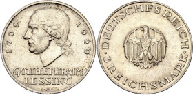 Germany - Weimar Republic 3 Reichsmark 1929 A

KM# 60, J. 335, N# 15902; Silver 15 g.; 200th Anniversary of Gotthold Lessing; Berlin Mint; UNC with ...