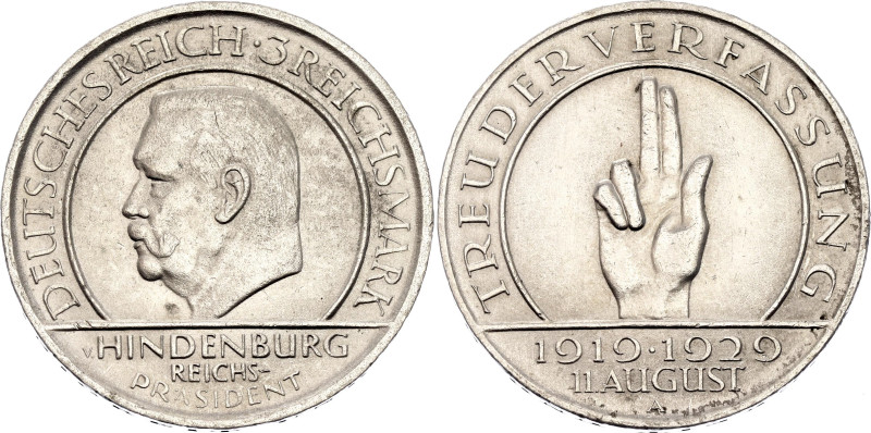 Germany - Weimar Republic 3 Reichsmark 1929 A

KM# 63, J. 340, N# 15904; Silve...