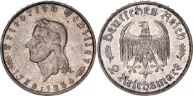 Germany - Third Reich 2 Reichsmark 1934 F

KM# 84, AKS# 94, N# 15867; Silver 8 g.; 175th Anniversary of Friedrich Schiller's Birth; Stuttgart Mint; ...