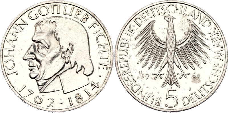 Germany - FRG 5 Deutsche Mark 1964 J

KM# 118, J. 393, N# 10077; Silver 11.2 g...